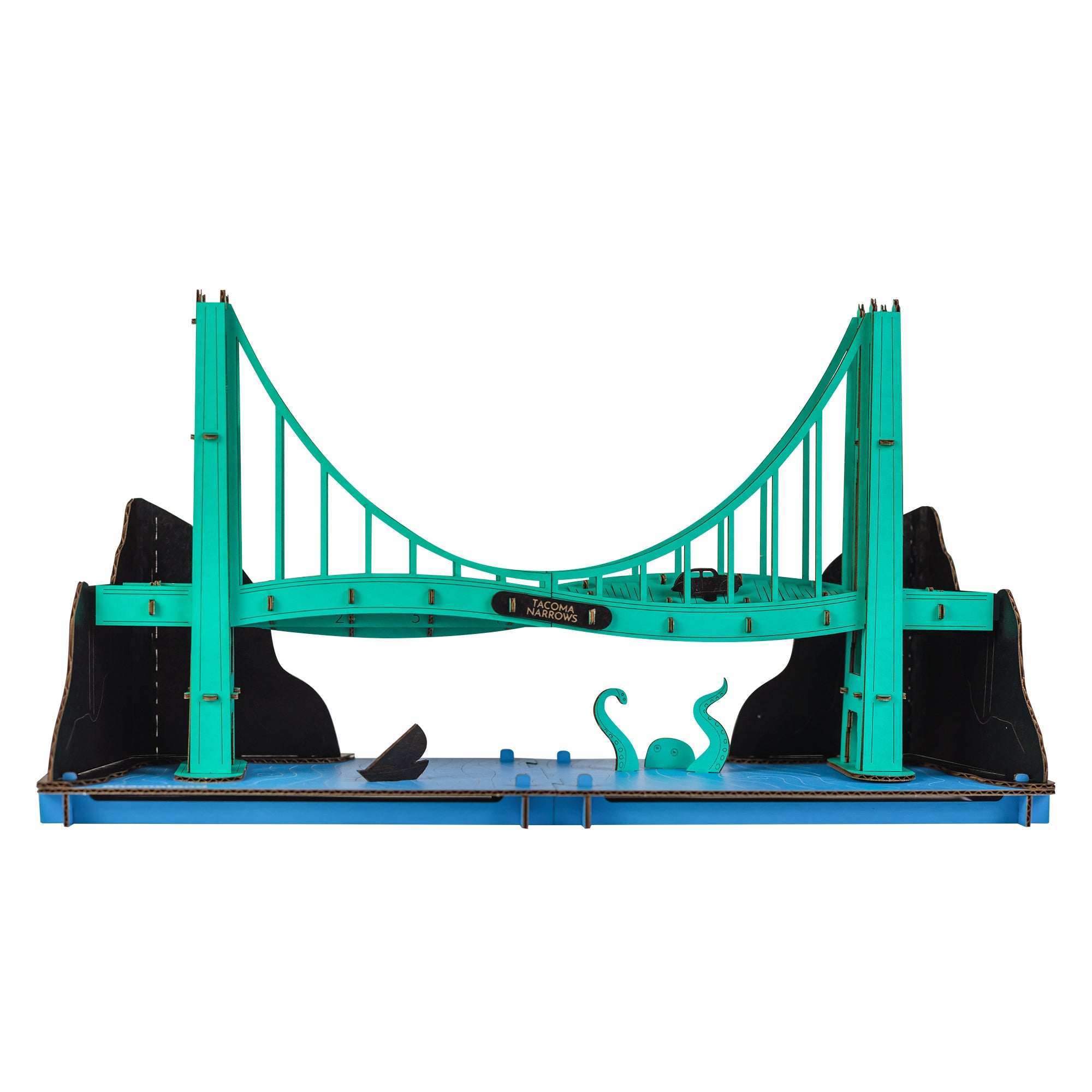 Anomaland Tacoma Narrows Bridge Model Front View showing the green bridge self-destructing.