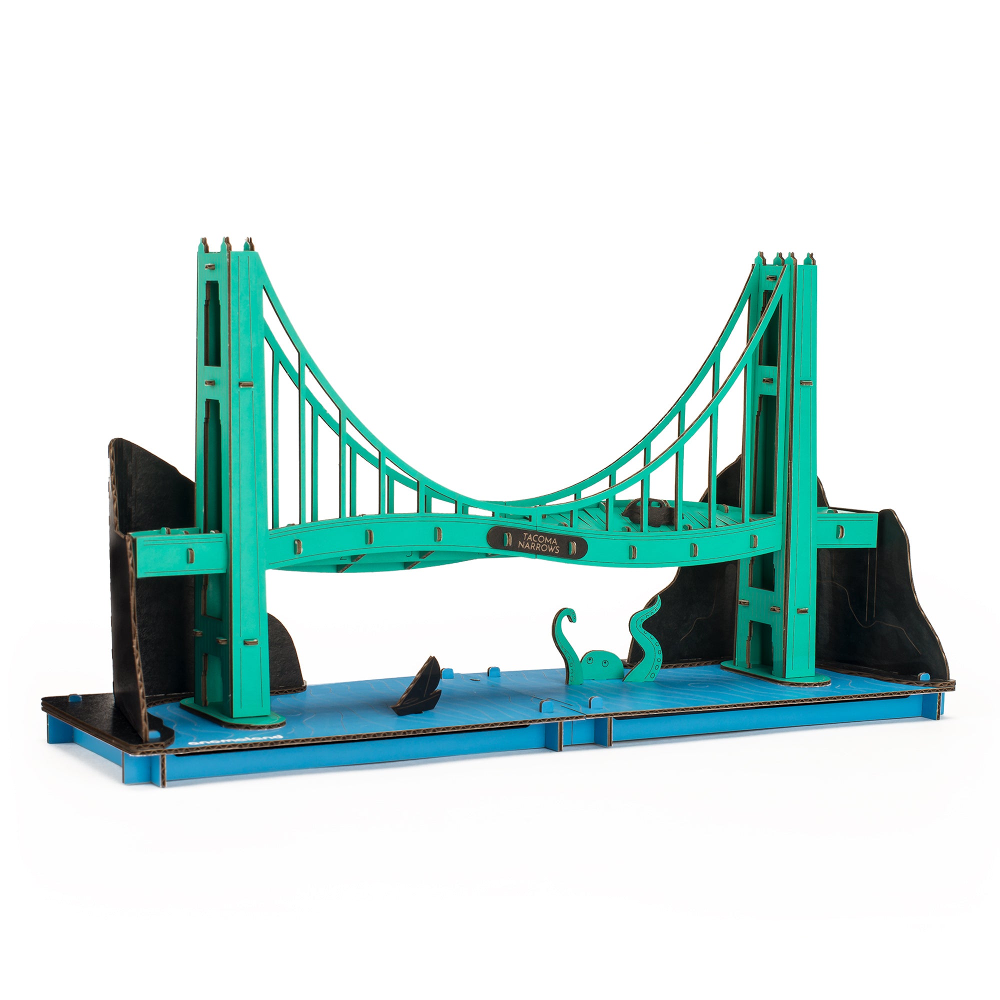 Anomaland Tacoma Narrows Bridge Cardboard Model Kit - assembled and shown in three quarter view